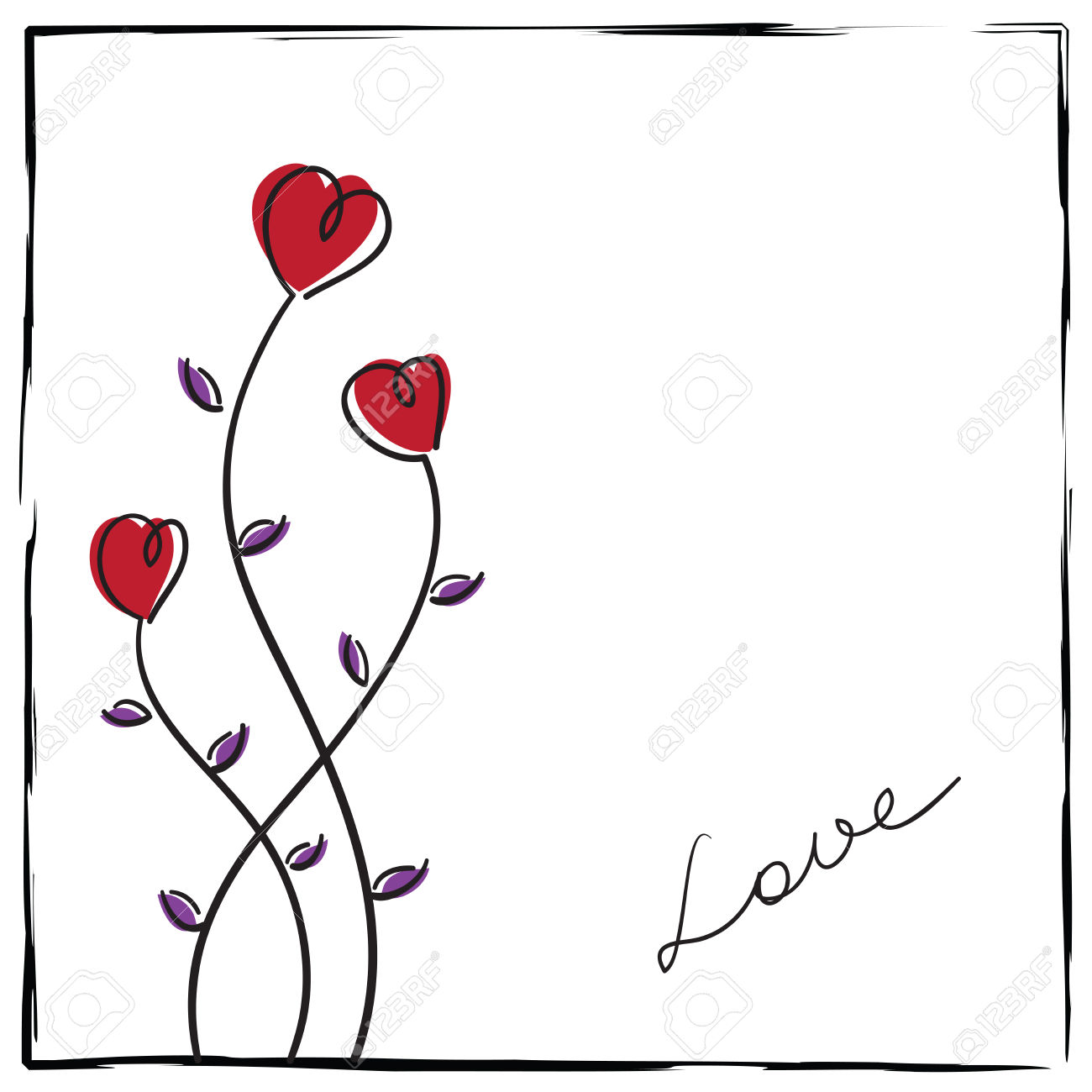 1300x1300 Hand Drawn Love Card With Doodle Flowers In A Rough Frame. Royalty