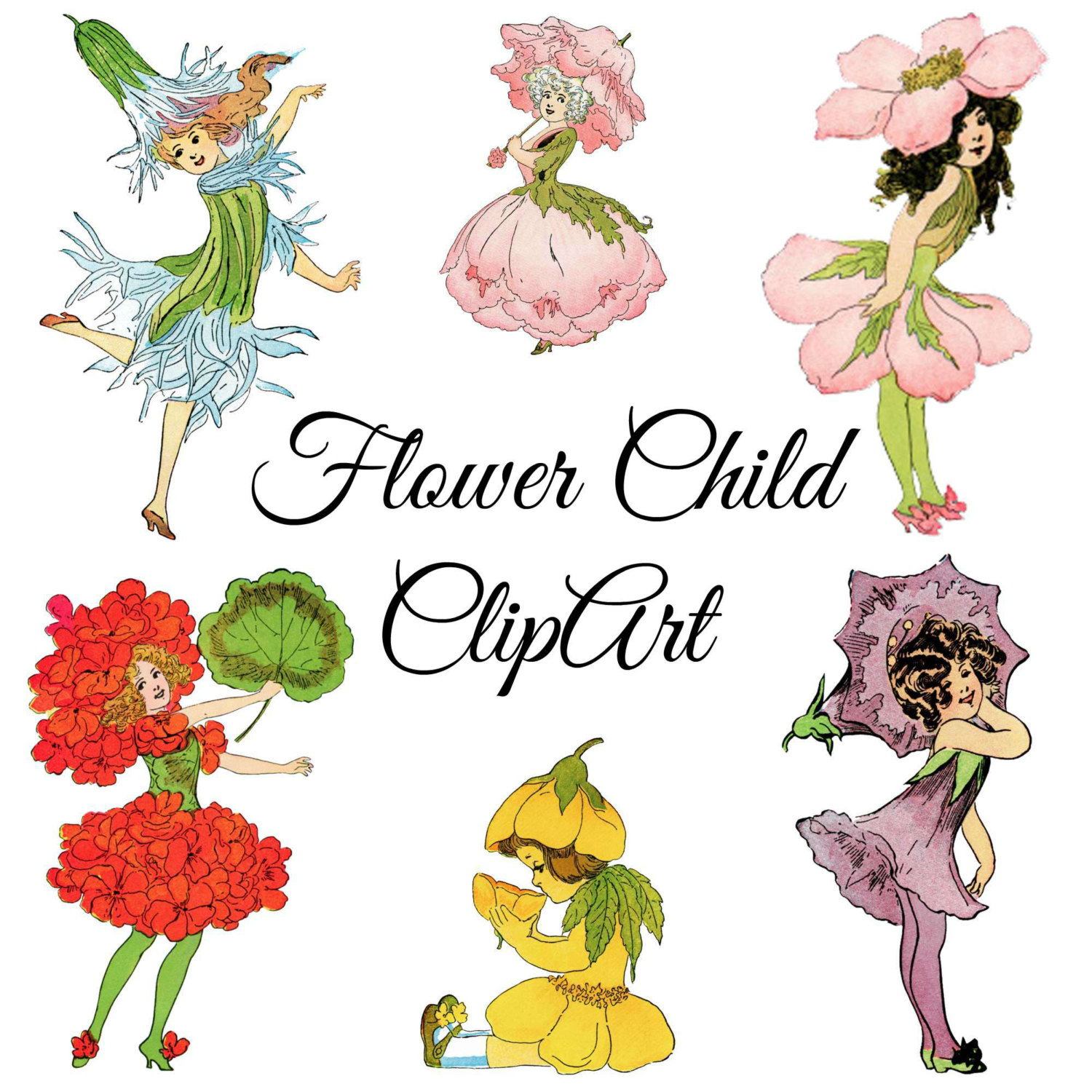 1500x1500 Vintage Flower Child Clipart, Vintage Illustrations Png Clip Art