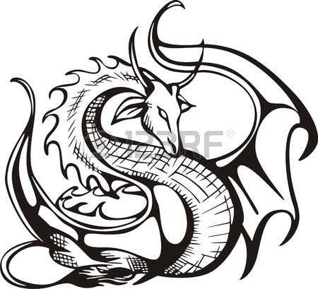 450x409 Raising Dragon Black And White Vector Illustration Royalty Free