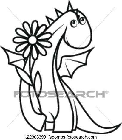 409x470 Clip Art Of Coloring Book Cute Little Dragon Holding Flower
