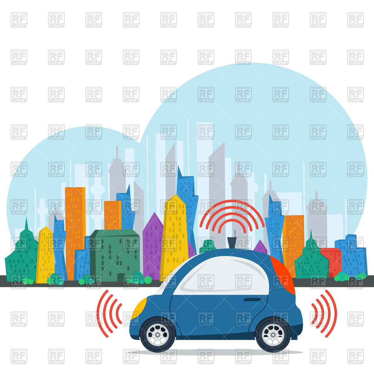 1200x1200 Blue Self Driving Car On Colored Megalopolis Royalty Free Vector