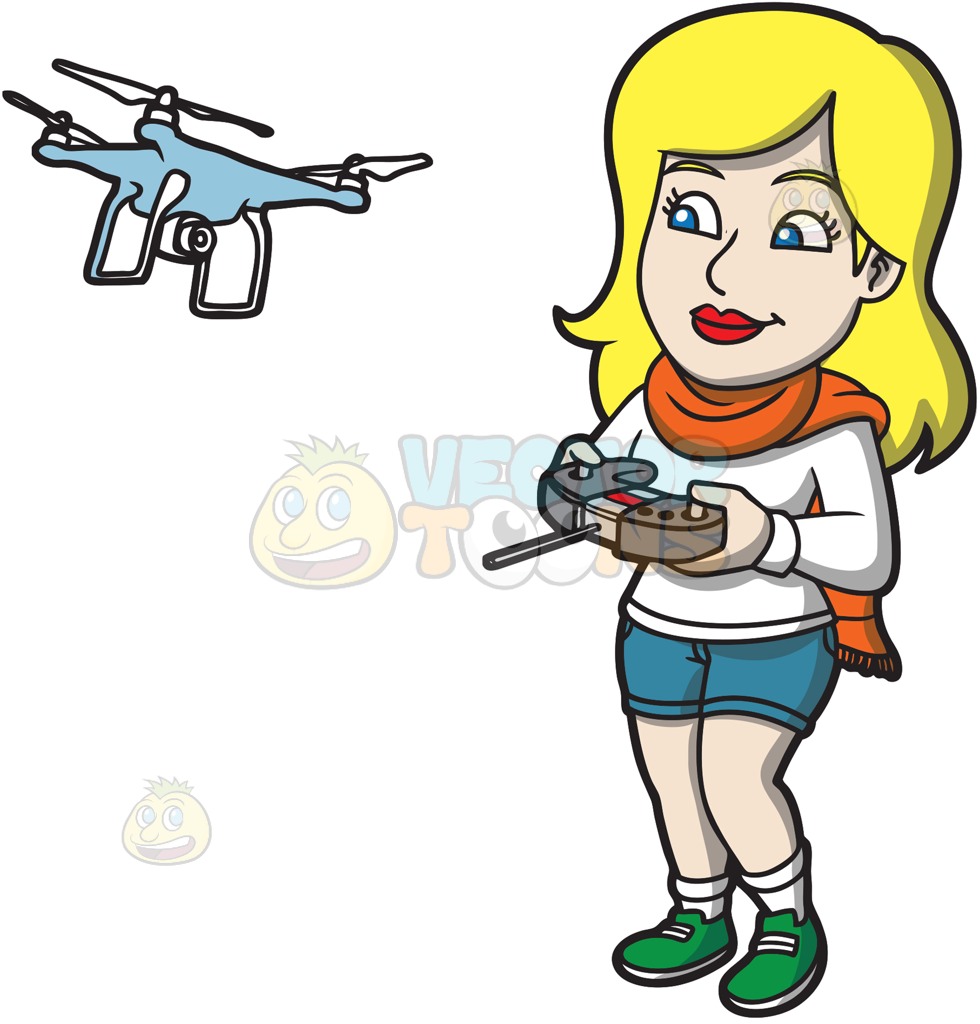 980x1024 A Woman Using A Remote To Fly A Drone Cartoon Clipart