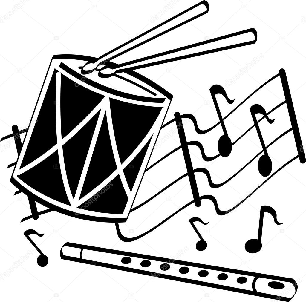 1024x1011 Drumsticks On A Drum And Flute Over Musical Notes Stock Vector