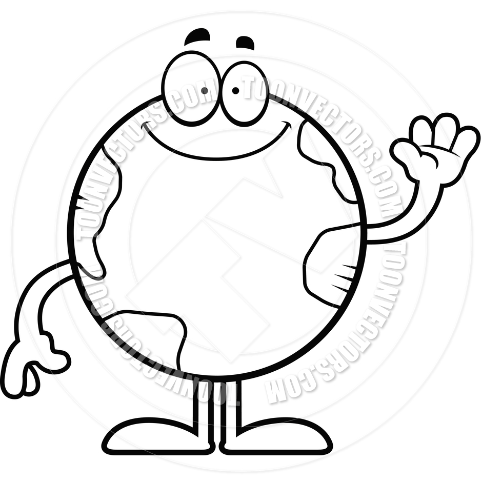 940x940 Cartoon Earth Waving (Black And White Line Art) By Cory Thoman