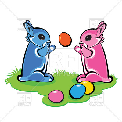 400x400 Easter Bunnies Play With Eggs Royalty Free Vector Clip Art Image