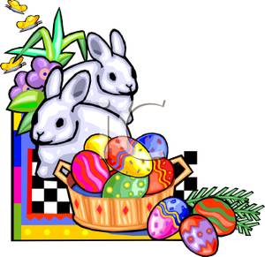 300x291 Art Image Two White Easter Bunnies And A Basket Of Easter Eggs