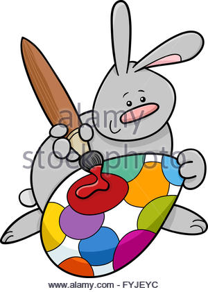 300x421 Cartoon Easter Bunny Painting An Egg On Tree Stump In Summer