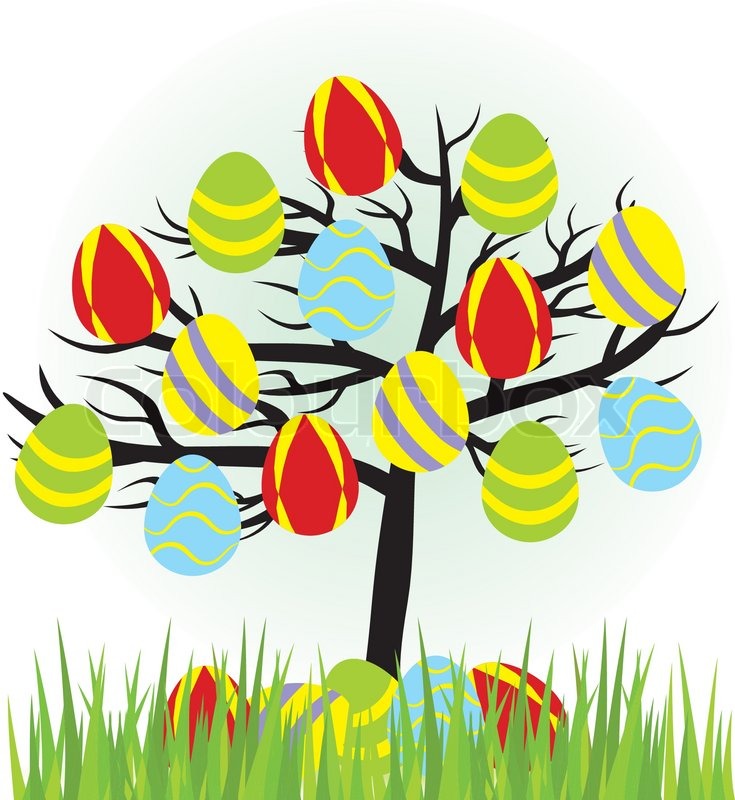 735x800 Cartoon Easter Tree With Eggs And Grass Stock Vector Colourbox