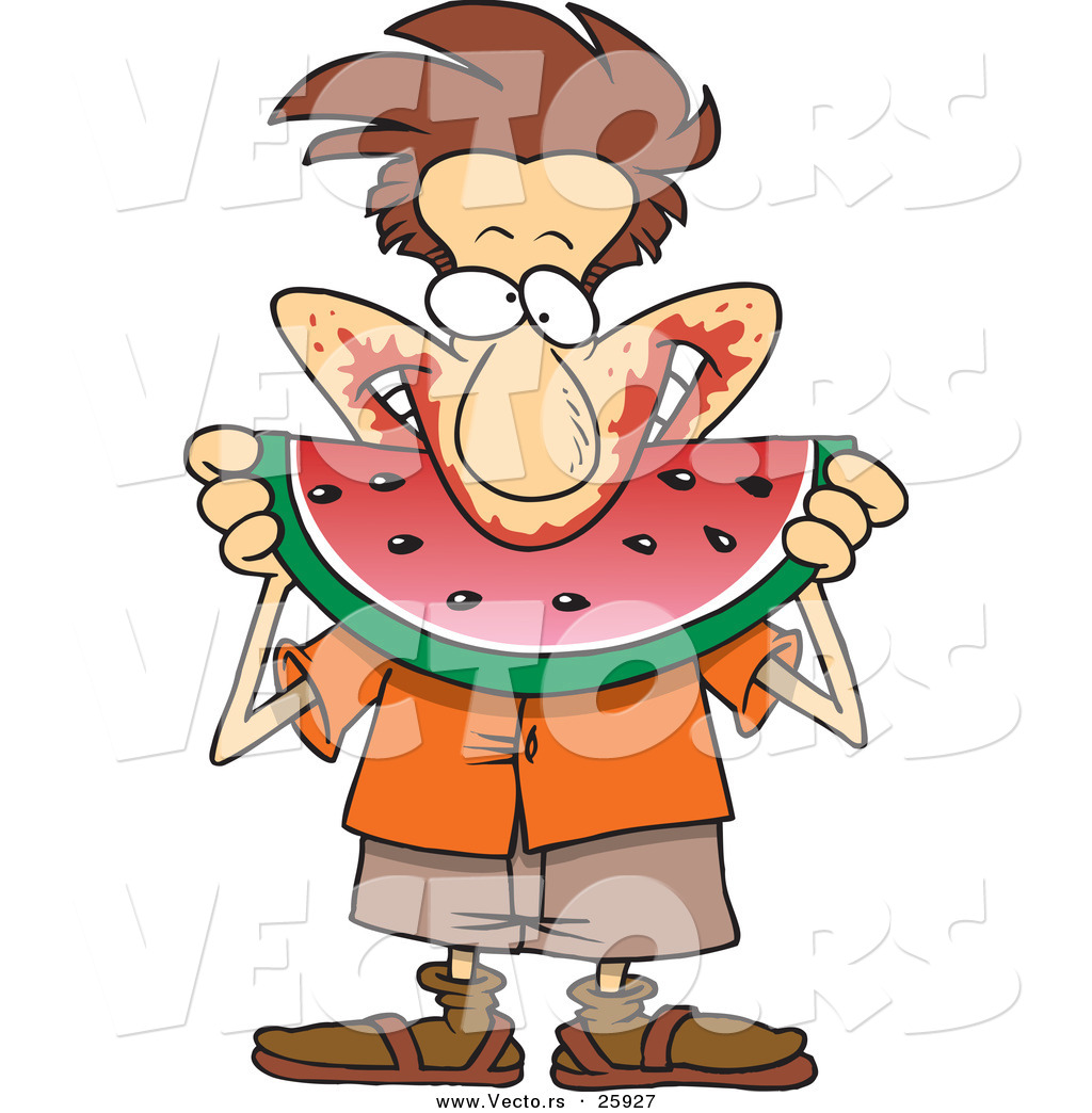 1024x1044 Vector Of A Happy Cartoon Man Pigging Out On Watermelon By