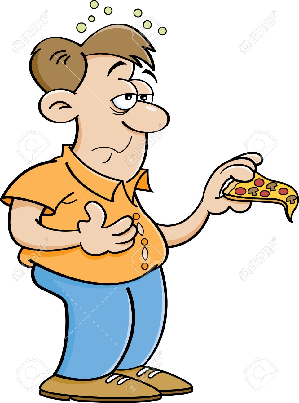 965x1300 Cartoon Illustration Of A Man Over Eating Pizza. Royalty Free