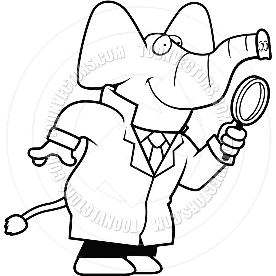940x940 Cartoon Elephant Detective (Black And White Line Art) By Cory
