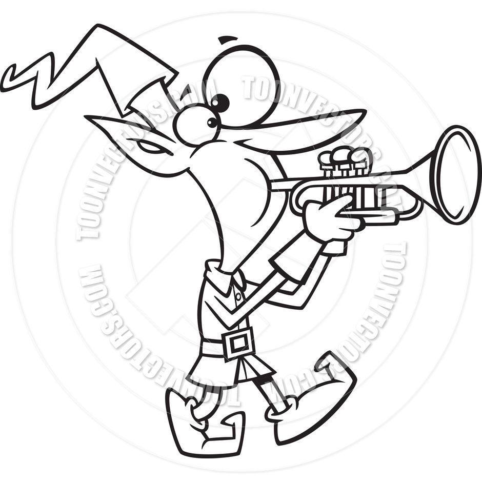 940x940 Cartoon Christmas Elf Playing Trumpet (Black Amp White Line Art) By
