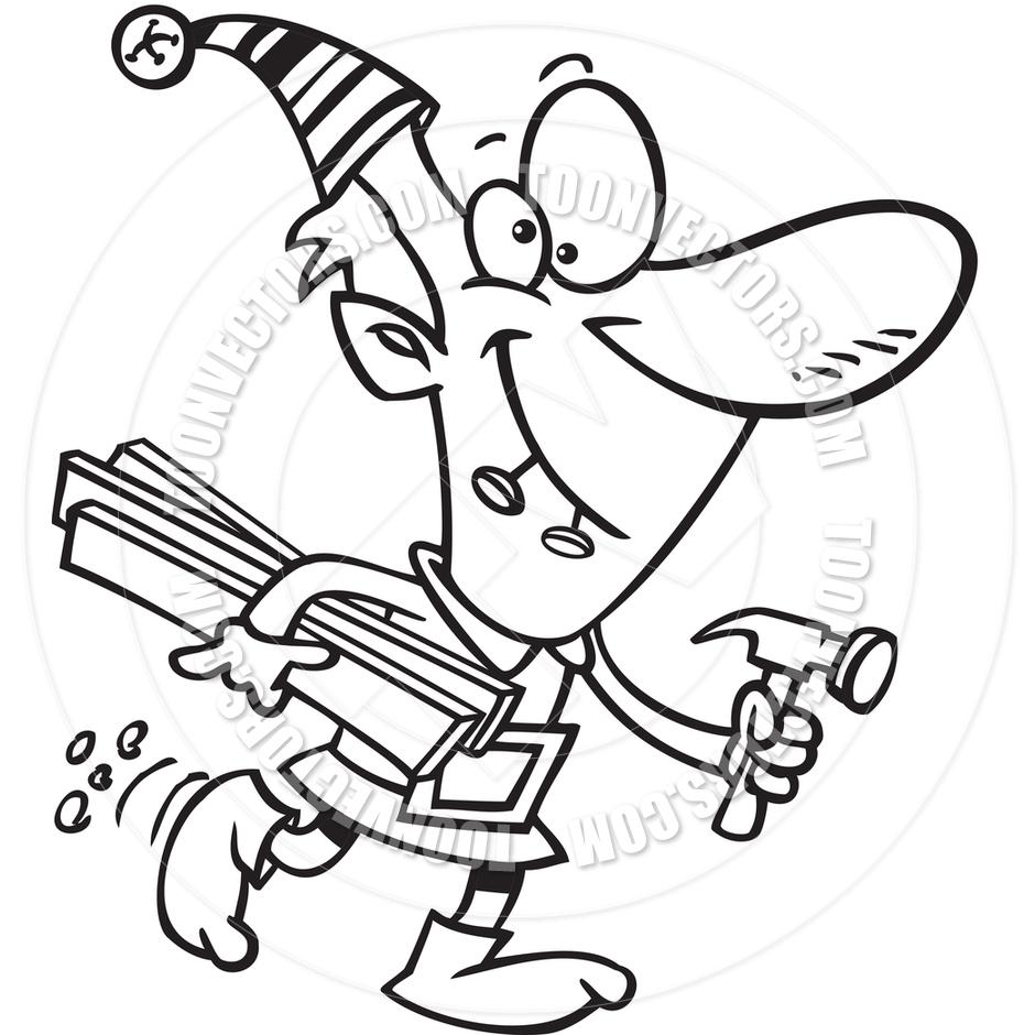 940x940 Cartoon Christmas Elf Worker (Black And White Line Art) By Ron