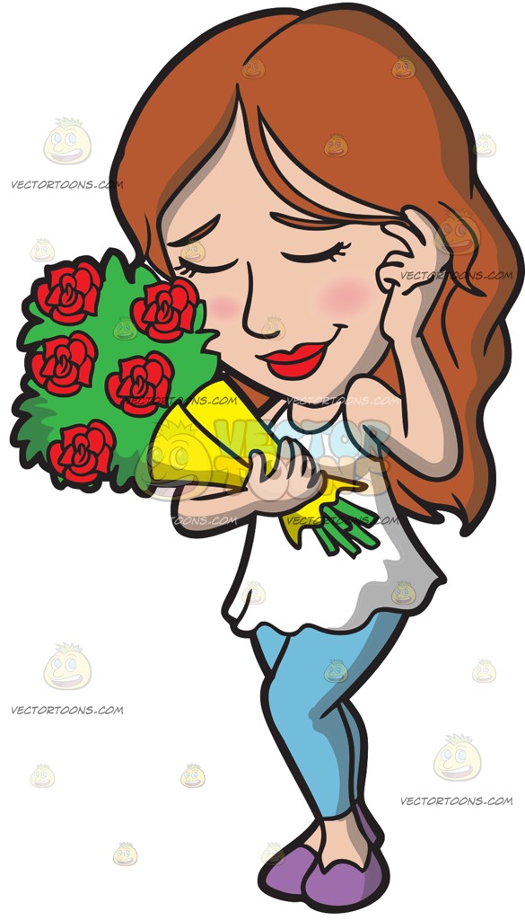 585x1024 A Shy Woman With A Bouquet Of Roses Cartoon Clipart