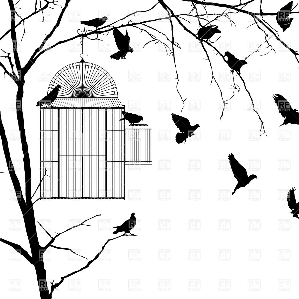 1200x1200 Birds And Open Cage On The Tree Royalty Free Vector Clip Art Image