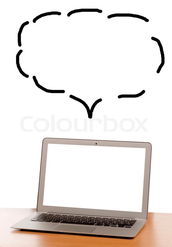 556x800 Blank White Laptop Computer Screen With An Empty Speech Bubble