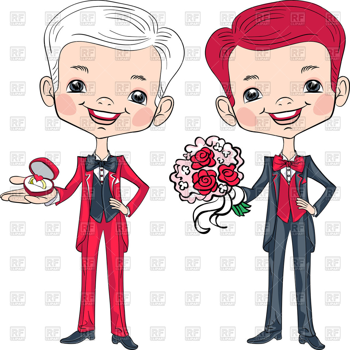 1200x1200 Two Cartoon Bridegrooms In Tuxedos With Engagement Ring And Bridal