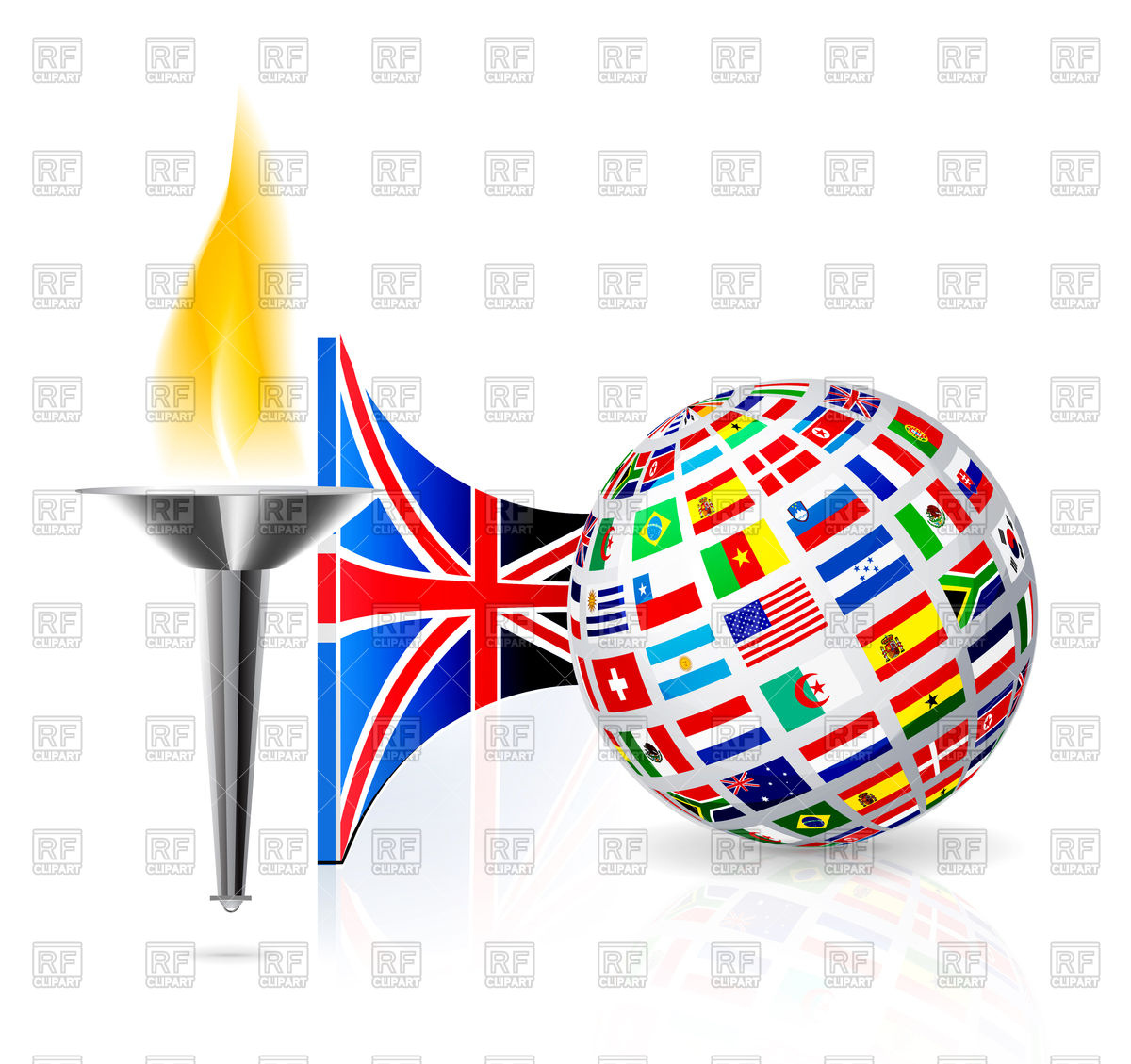 1200x1129 Torch With Flame, English Flag And Globe Royalty Free Vector Clip