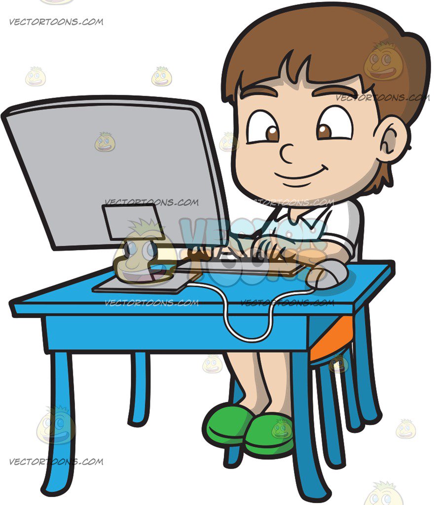 892x1024 A Boy Typing An Essay Using His Desktop Computer Cartoon Clipart