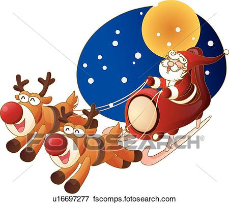 450x402 Clip Art Of Evening, Santa, Rudolph, Sleigh, Santa Claus