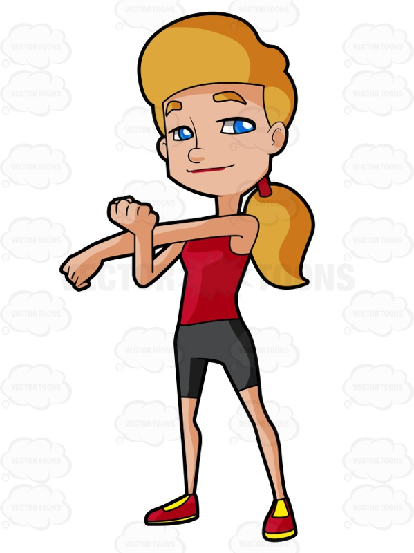 599x800 Blonde Woman Stretching Her Left Arm Across Her Body Cartoon