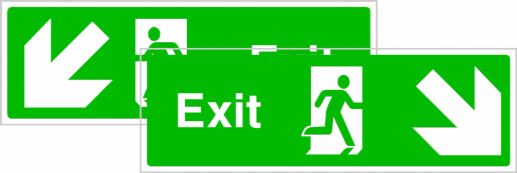 1024x344 Double Sided Emergency Exit Sign With Down Left And Down Right Arrows