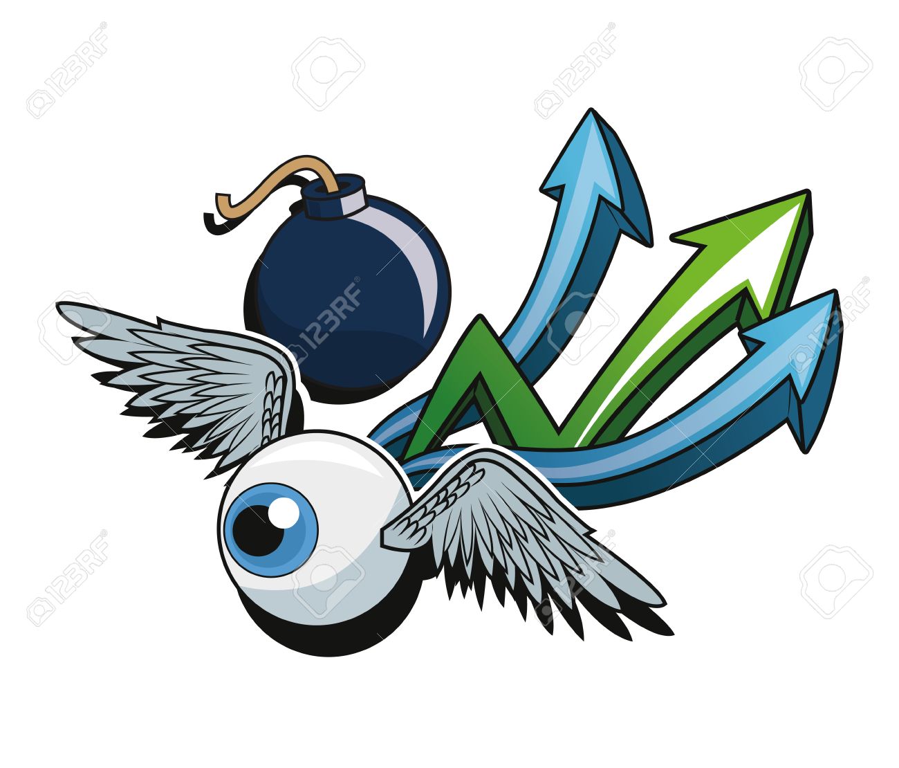 1300x1110 Cartoon Eye With Wings Arrows And Bomb. Urban Art Theme. Colorful