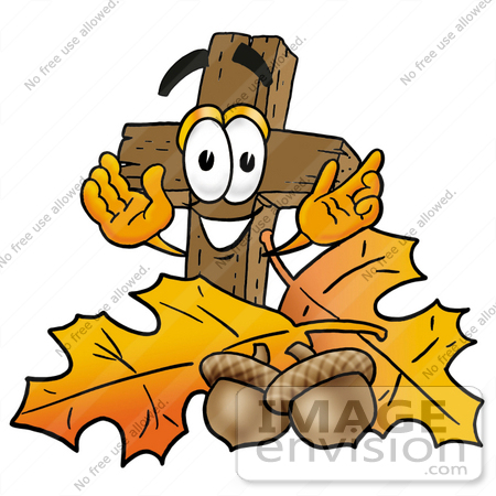 450x450 Clip Art Graphic Of A Wooden Cross Cartoon Character With Autumn