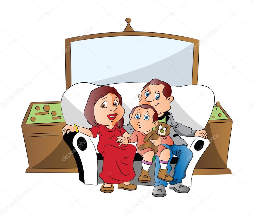 1024x866 Vector Of A Family Sitting On Couch, Watching Television. Stock