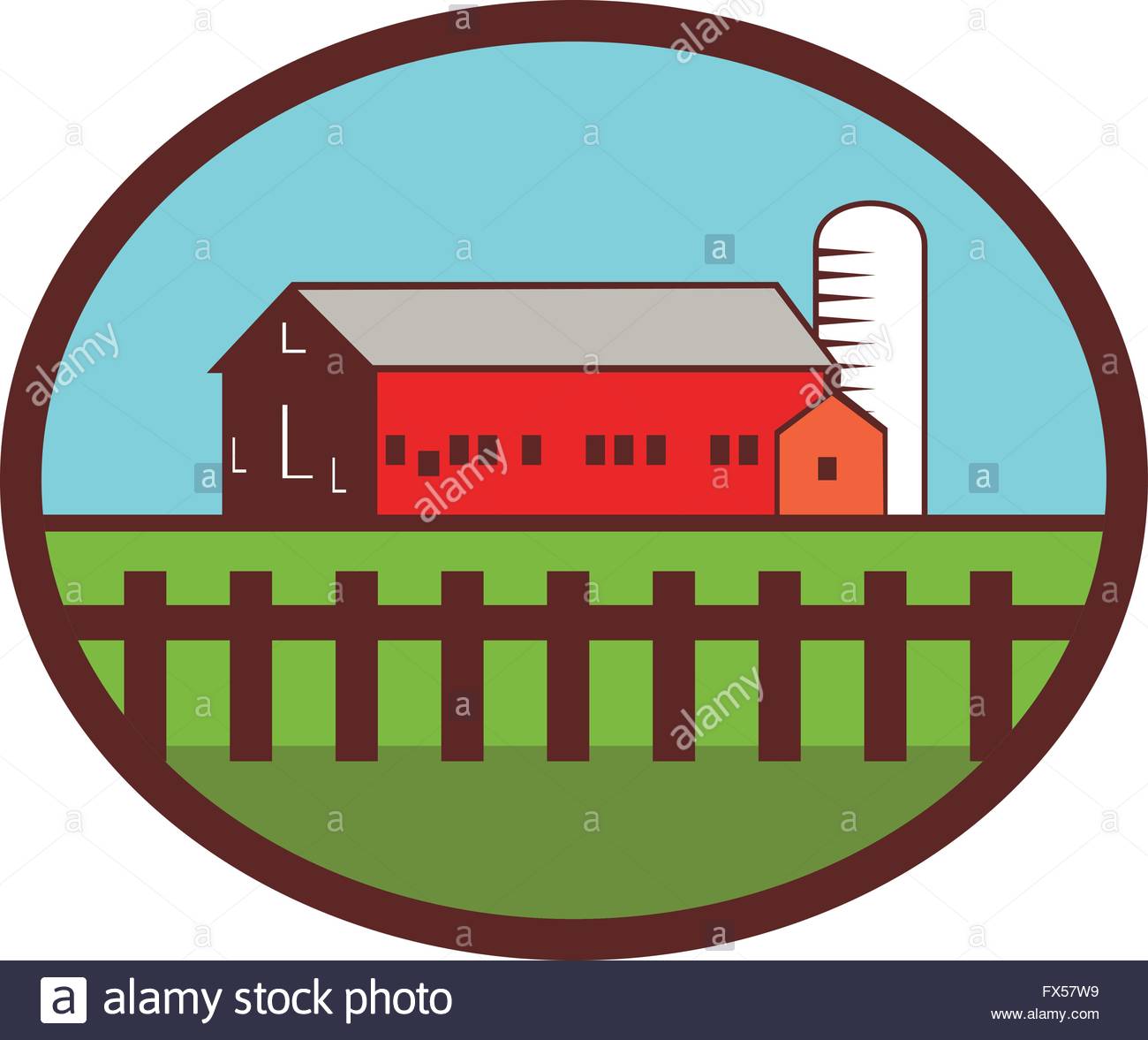 1300x1177 Illustration Of A Farm House Barn And Silo With Fence Set Inside