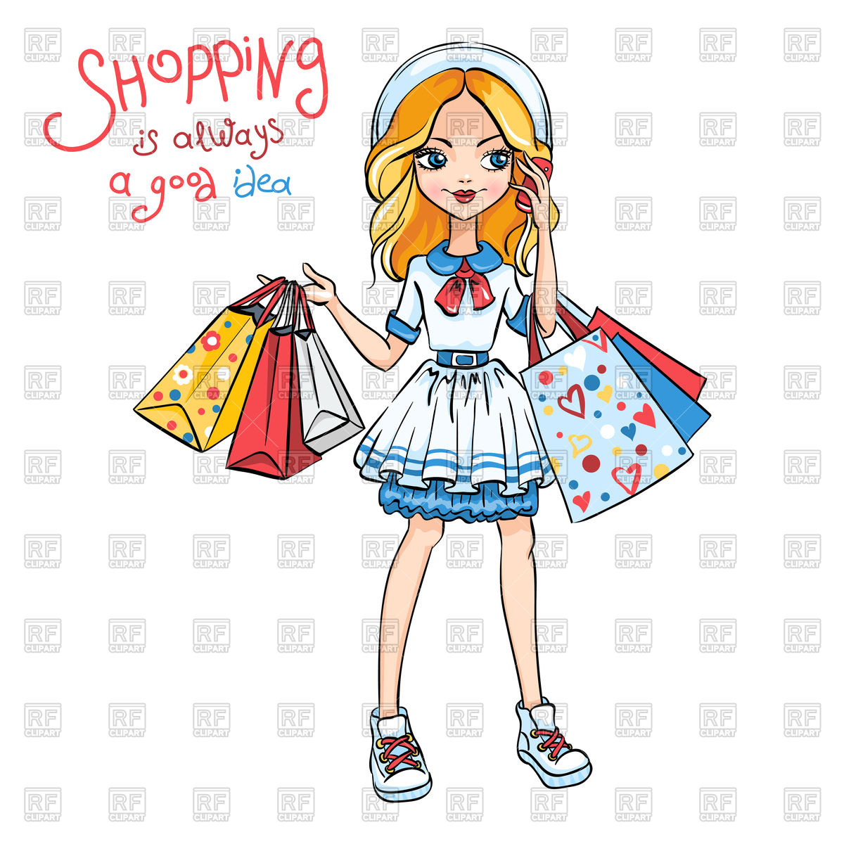1200x1200 Cute Fashion Girl In Dress And Hat With Shopping Royalty Free