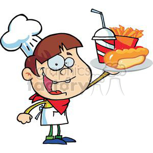 300x300 Royalty Free Fast Food Boy Chef Holding Up Hot Dog Drink