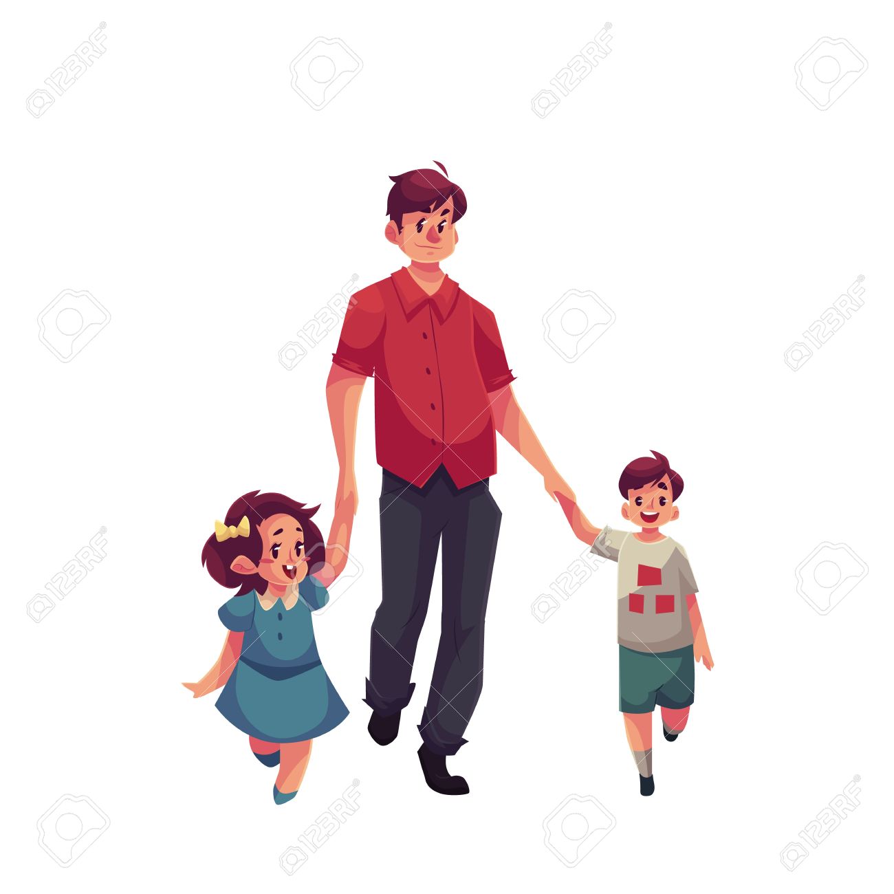 1300x1300 Father With Daughter And Son Walking Together, Cartoon Vector