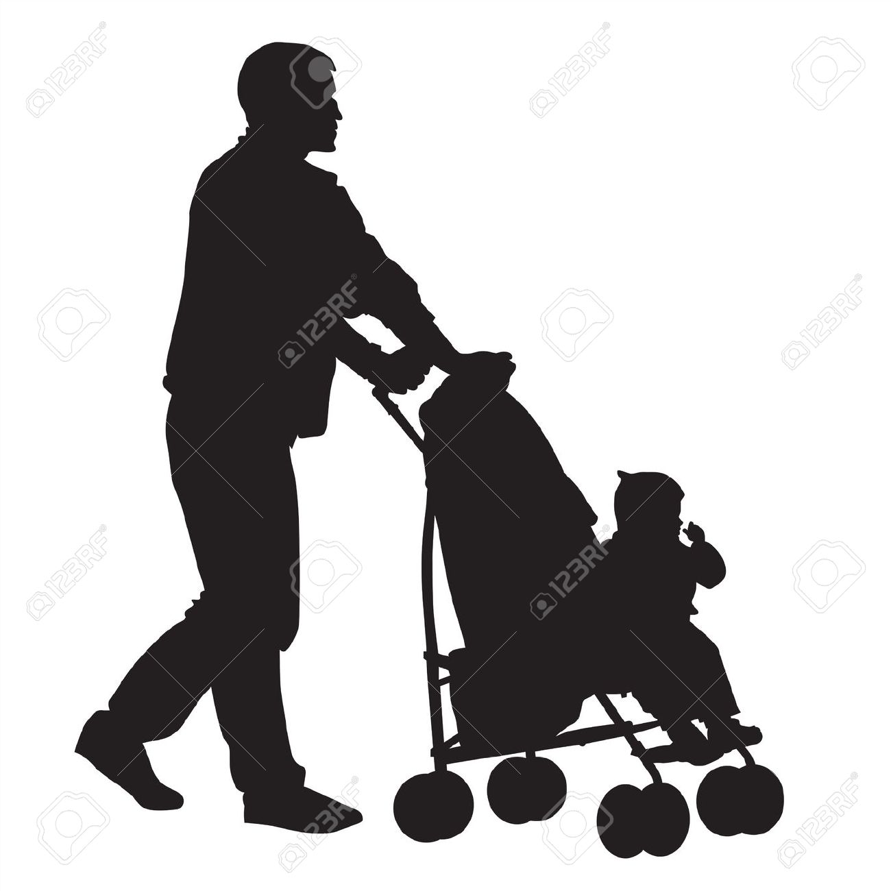 1300x1300 Vector Clipart Family On A Walk With Stroller Silhouette