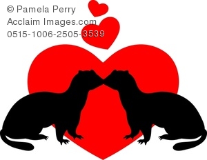300x232 Clip Art Image Of A Silhouette Of Ferrets Kissing In Front Of A Heart
