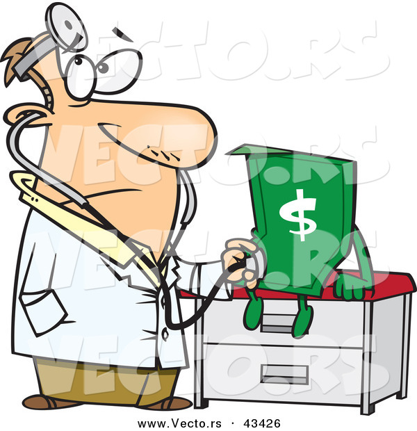 600x620 Vector Of A Cartoon Male Doctor Diagnosing Sick American Dollar