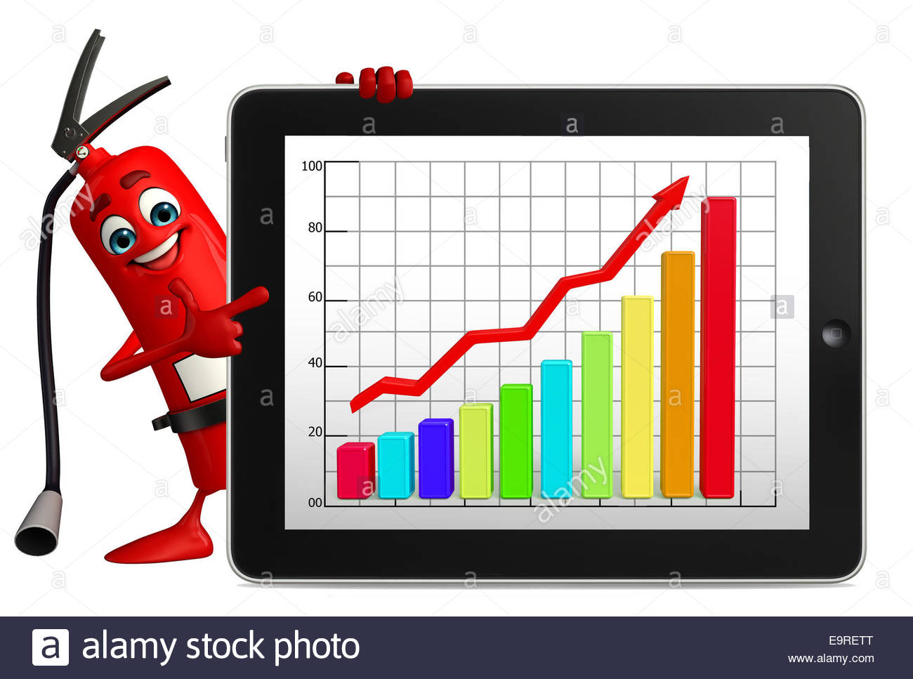 1300x967 Cartoon Character Of Fire Extinguisher With Business Graph Stock