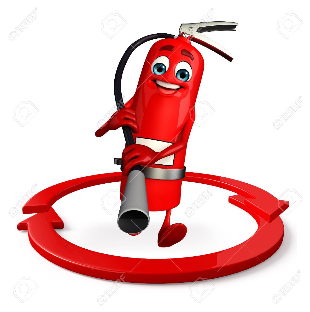 1293x1300 Cartoon Character Of Fire Extinguisher With Arrow Stock Photo