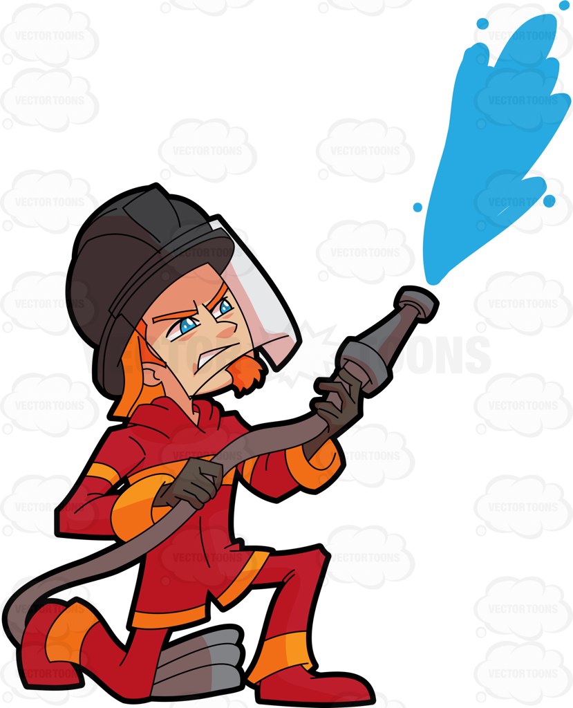 829x1024 A Male Firefighter Using A Hose To Kill The Fire Cartoon Clipart