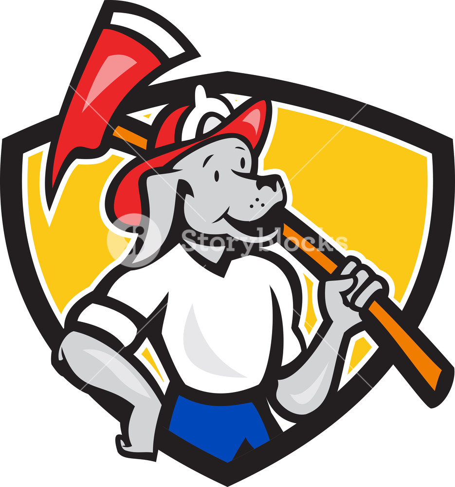 935x1000 Dog Fireman Firefighter Fire Axe Shield Cartoon Royalty Free Stock
