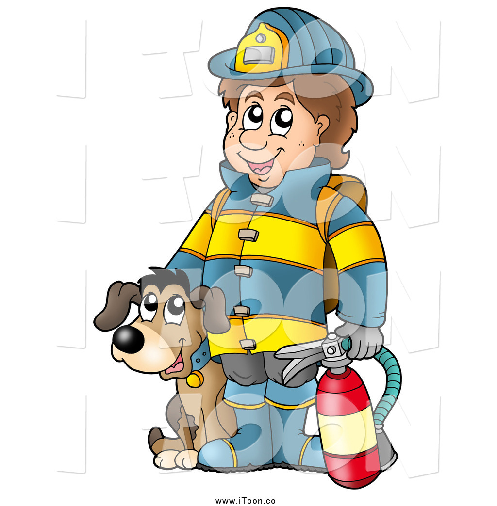 1024x1044 Royalty Free Cartoon Of A White Male Fireman By A Dog, Holding