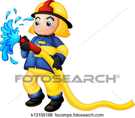 450x394 Clip Art Of A Fireman Holding A Yellow Water Hose K13105198