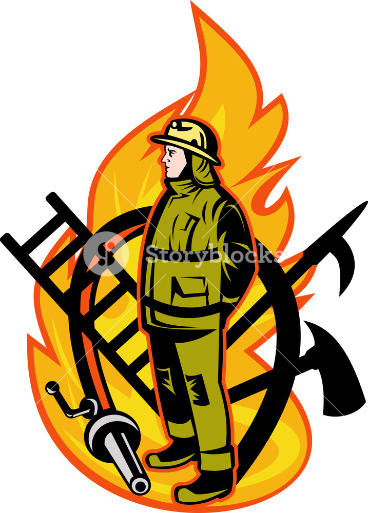 717x1000 Fireman Firefighter Axe Ladder Spear Hook Hose Royalty Free Stock