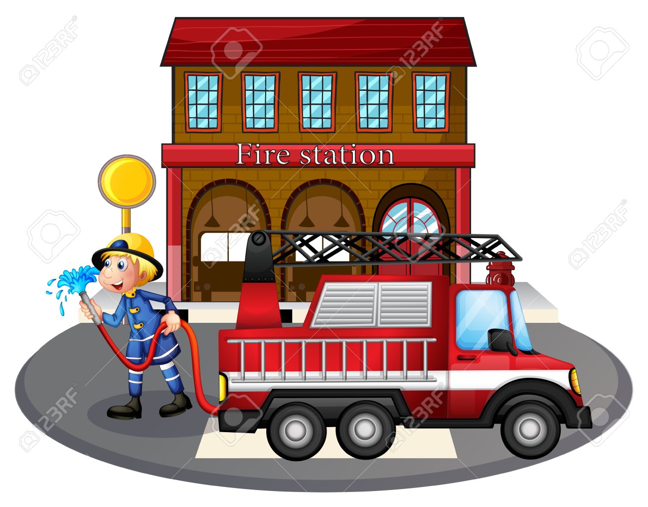 1300x1016 Illustration Of A Fireman Holding A Water Hose Beside A Fire