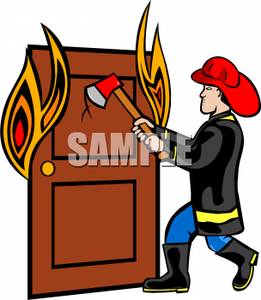 261x300 Fireman Taking An Axe To A Burning Door Clipart Picture