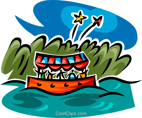 480x399 Boat Ride And Fireworks Royalty Free Vector Clip Art Illustration