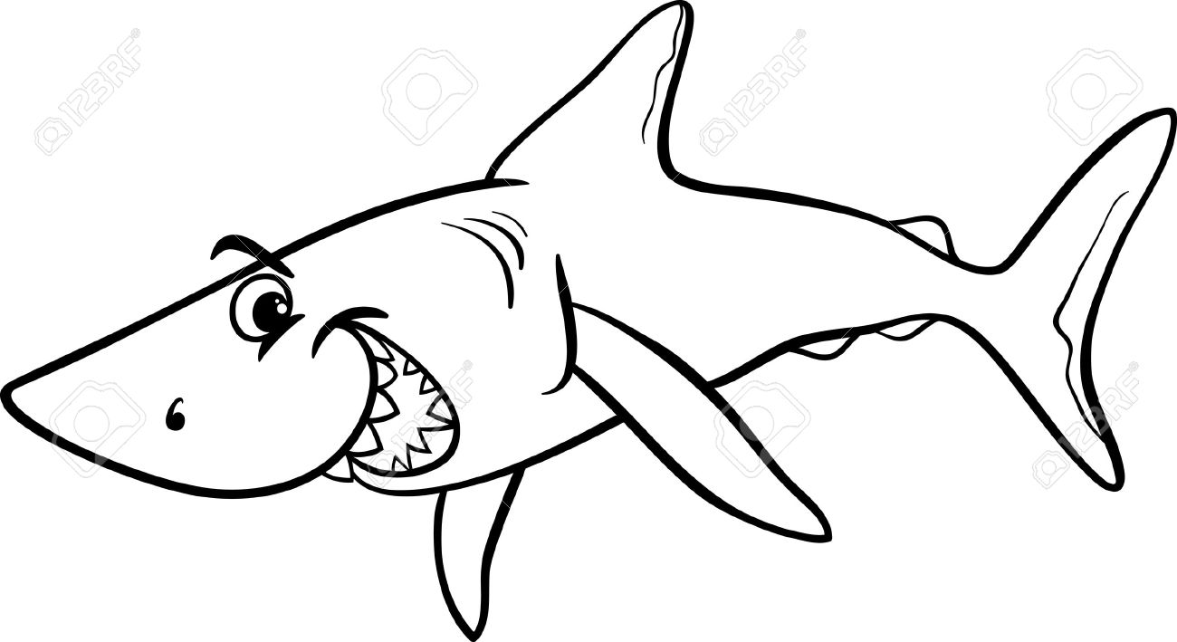 1300x709 Black And White Cartoon Illustration Of Shark Fish Sea Life Animal