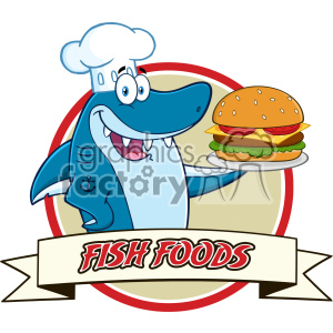 300x300 Royalty Free Chef Blue Shark Cartoon Holding Big Burger Over