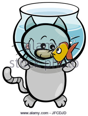 300x393 Cartoon Illustration Of Hungry Cat And Goldfish In Fish Tank Stock