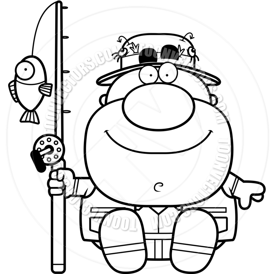 940x940 Cartoon Fisherman Sitting (Black And White Line Art) By Cory